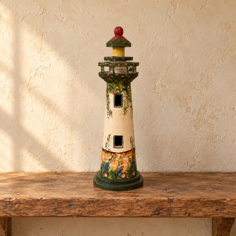 Vintage Hand Painted Wooden Lighthouse Figurine Coastal Decor 10.5 Inch